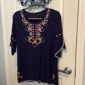 Floral Embroidered Women's Tunic in Navy